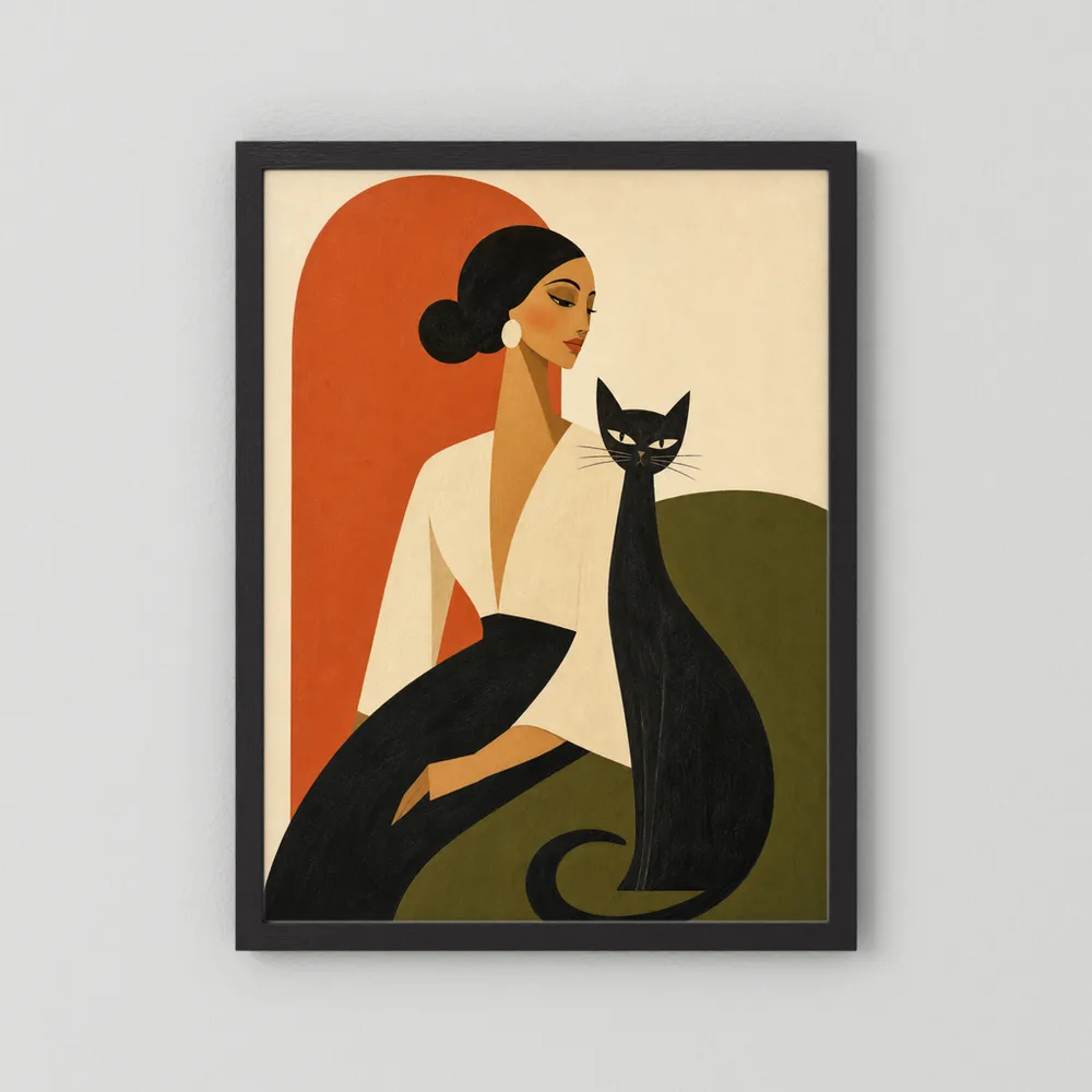 Woman with Sleek Black Cat Mid-Century Retro Art Print