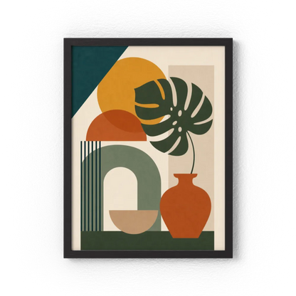 Mid-Century Monstera & Abstract Shapes Art Print