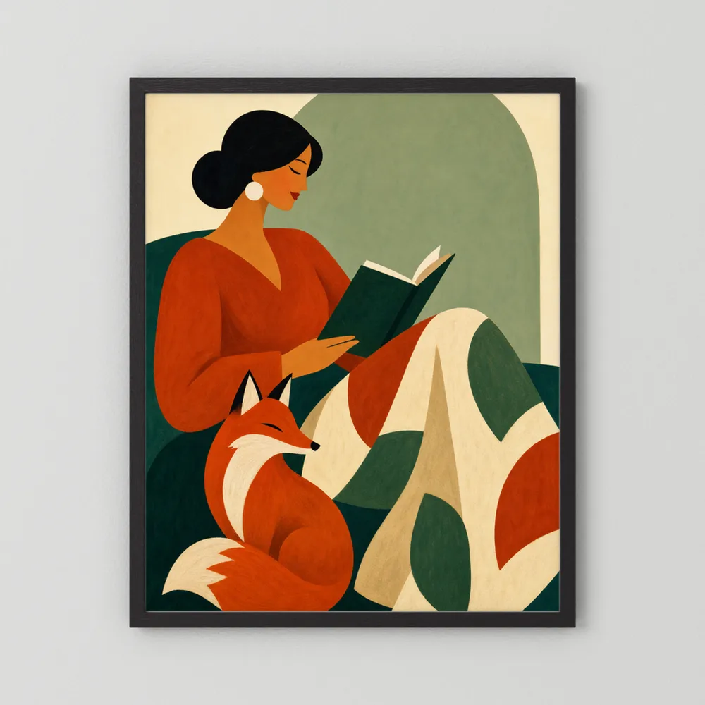 Woman Reading with Fox Mid-Century Retro Art Print