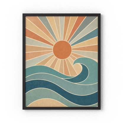Retro Rising Sun & Ocean Wave Art Print