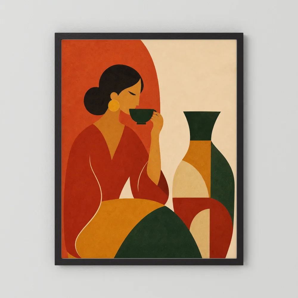 Woman Sipping Tea with Patterned Vase Boho Minimalist Art Print
