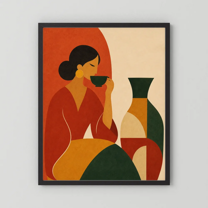 Woman Sipping Tea with Patterned Vase Boho Minimalist Art Print