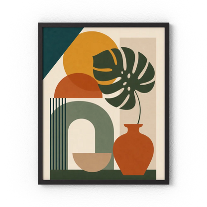Mid-Century Monstera & Abstract Shapes Art Print