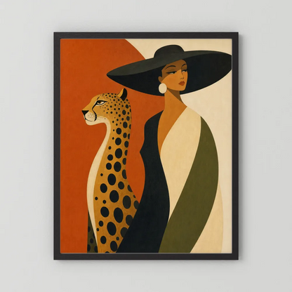 Glamorous Woman in Black Hat with Cheetah Mid-Century Art Print