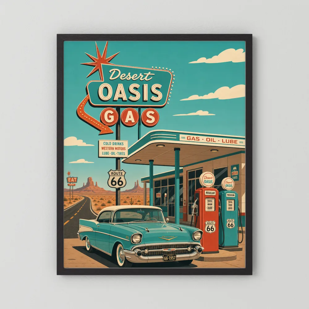 Desert Oasis Gas Station Route 66 Vintage Art Print