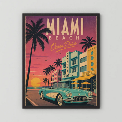 Miami Beach Ocean Drive Art Deco Vintage Travel Poster