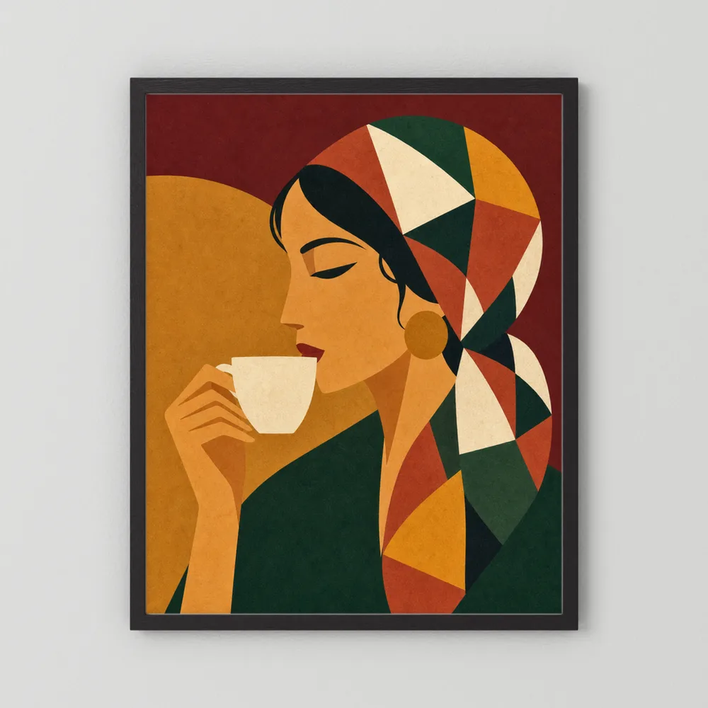 Woman Drinking Coffee with Geometric Headscarf Retro Art Print
