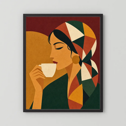 Woman Drinking Coffee with Geometric Headscarf Retro Art Print