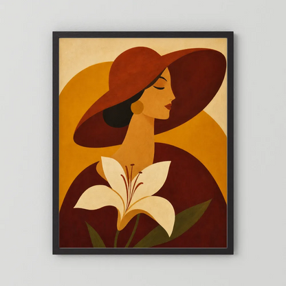 Woman in Sun Hat with White Lily Retro Art Print