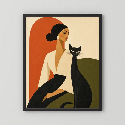 Woman with Sleek Black Cat Mid-Century Retro Art Print