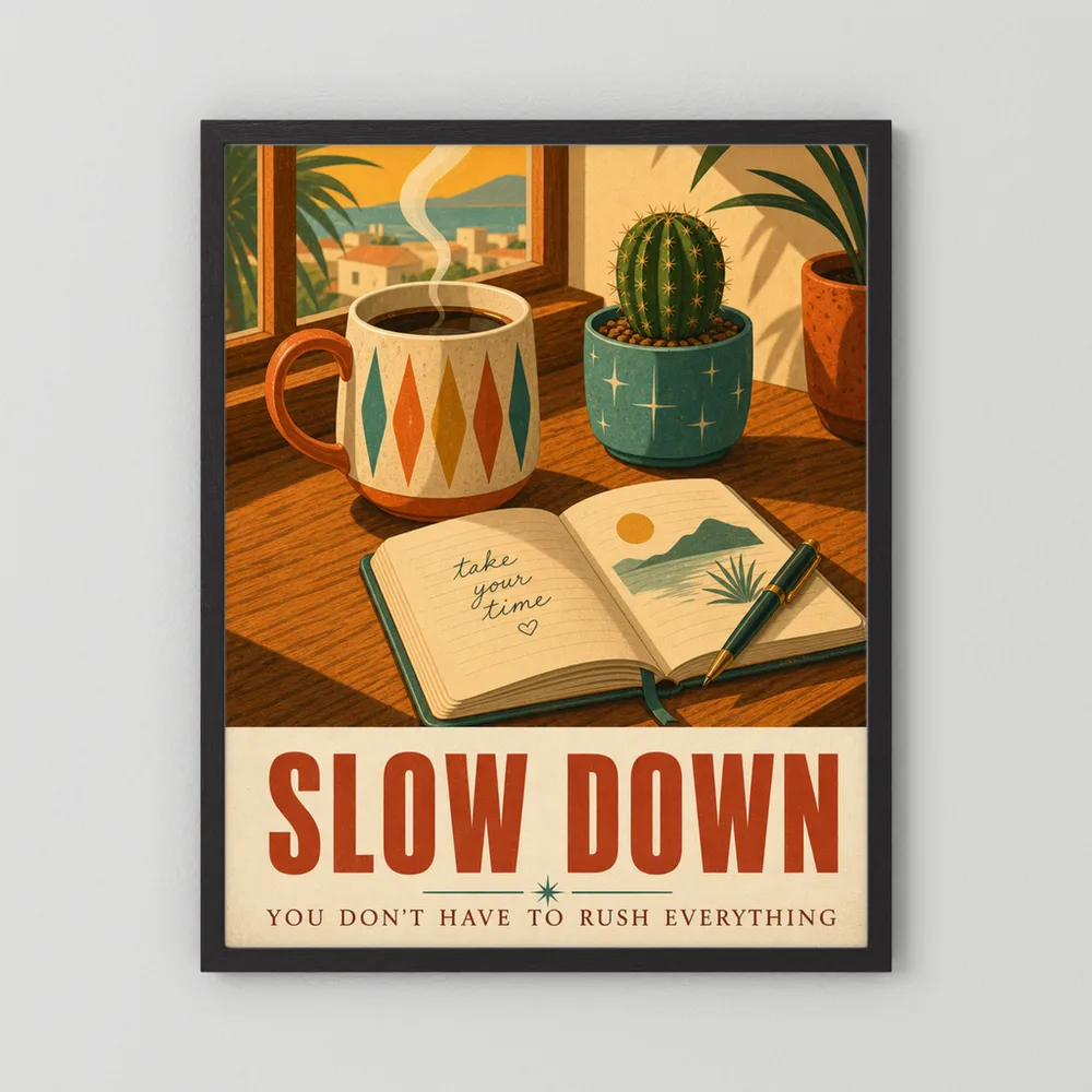 Slow Down – Retro Coffee & Journal Art Print