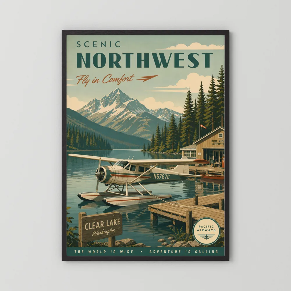 Scenic Northwest Clear Lake Washington Seaplane Vintage Travel Poster Art Print