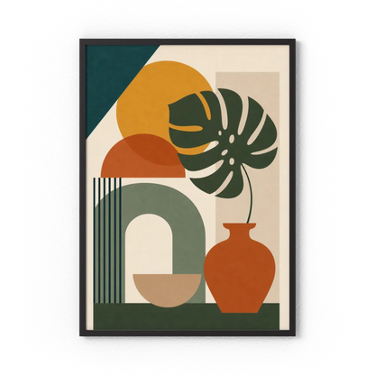 Mid-Century Monstera & Abstract Shapes Art Print