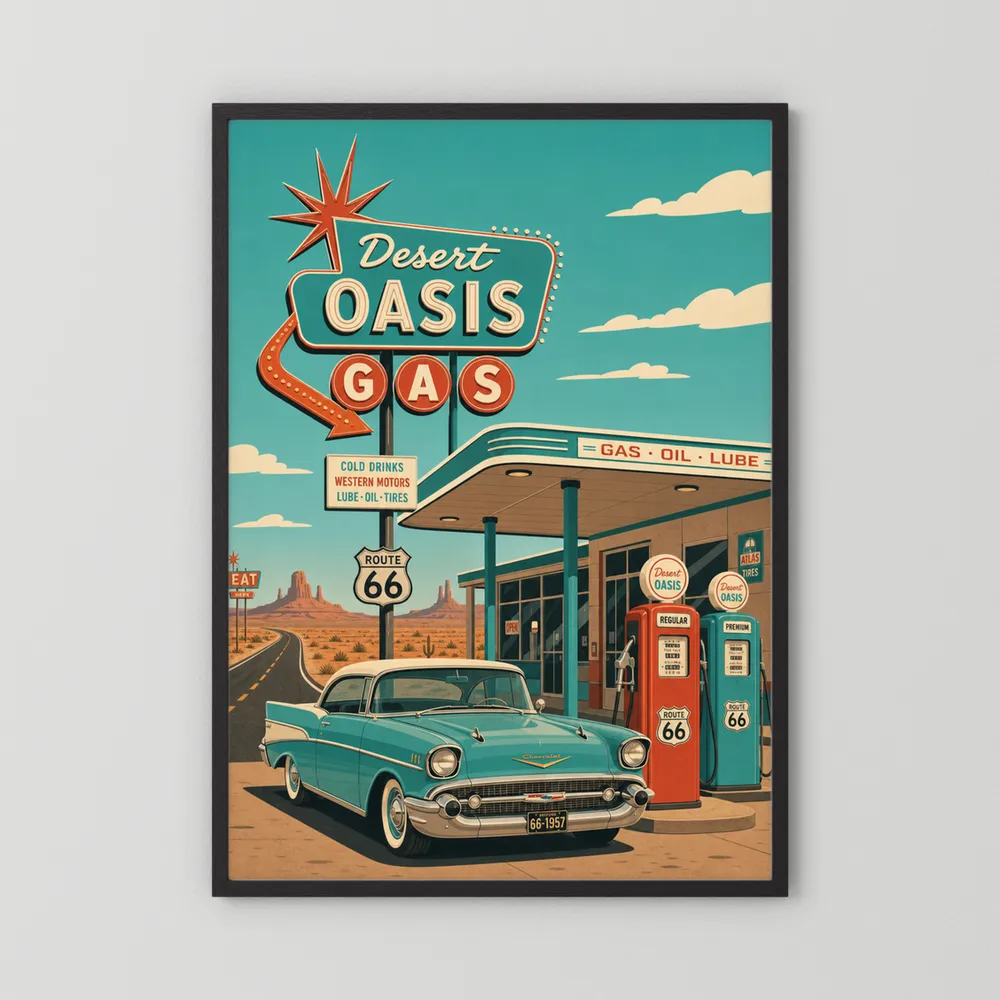 Desert Oasis Gas Station Route 66 Vintage Art Print