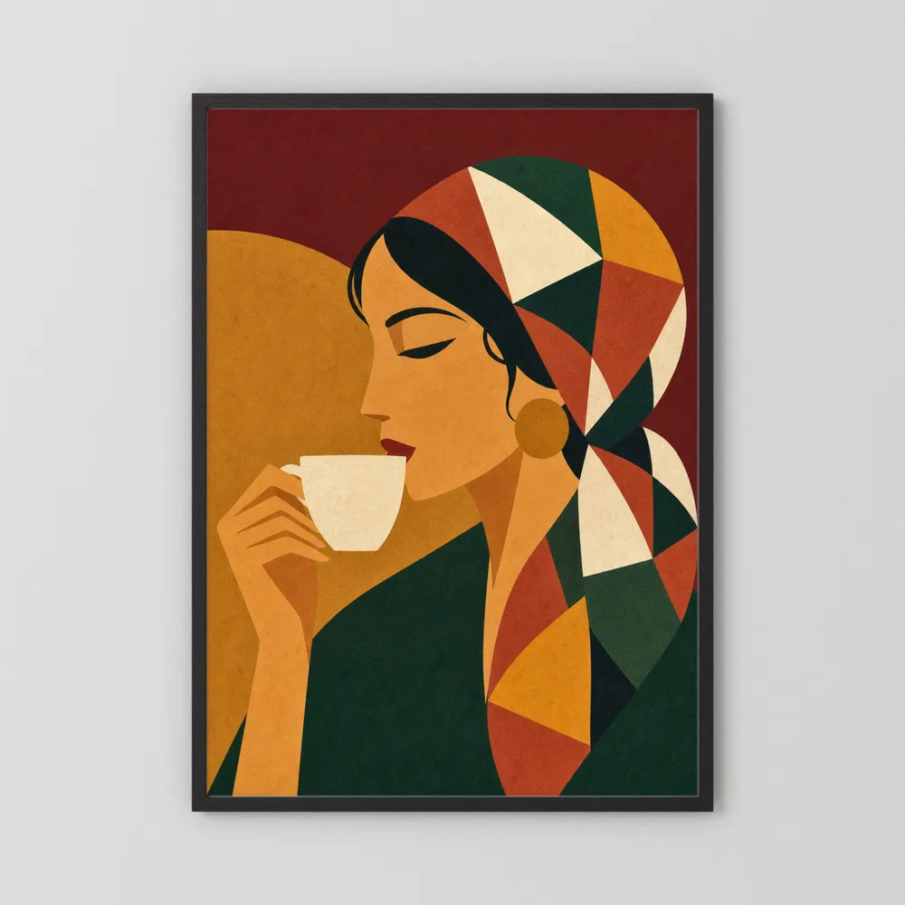 Woman Drinking Coffee with Geometric Headscarf Retro Art Print
