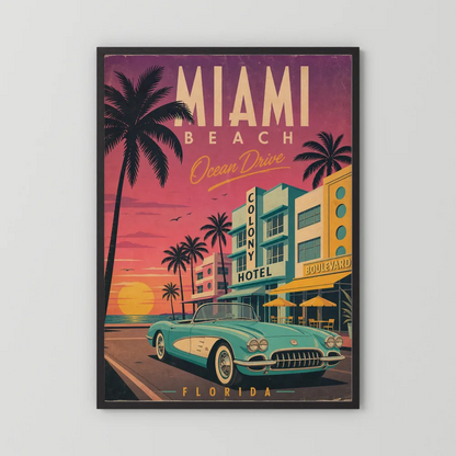 Miami Beach Ocean Drive Art Deco Vintage Travel Poster