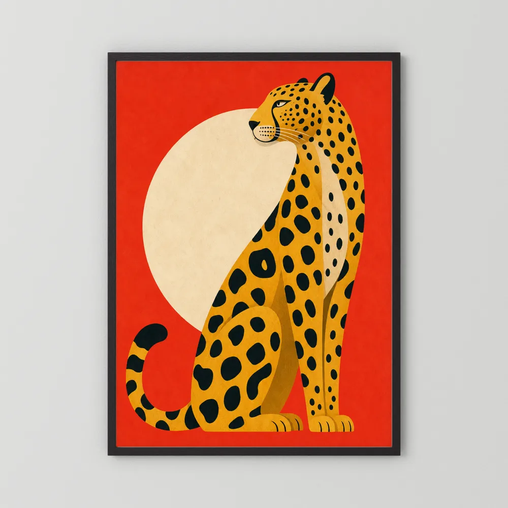 Mid-Century Modern Cheetah Red Sun Retro Art Print