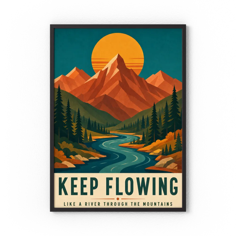 Keep Flowing – Retro Mountain & River Art Print