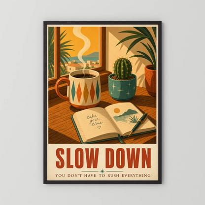 Slow Down – Retro Coffee & Journal Art Print