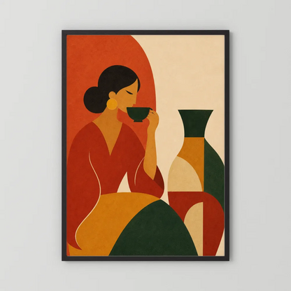 Woman Sipping Tea with Patterned Vase Boho Minimalist Art Print