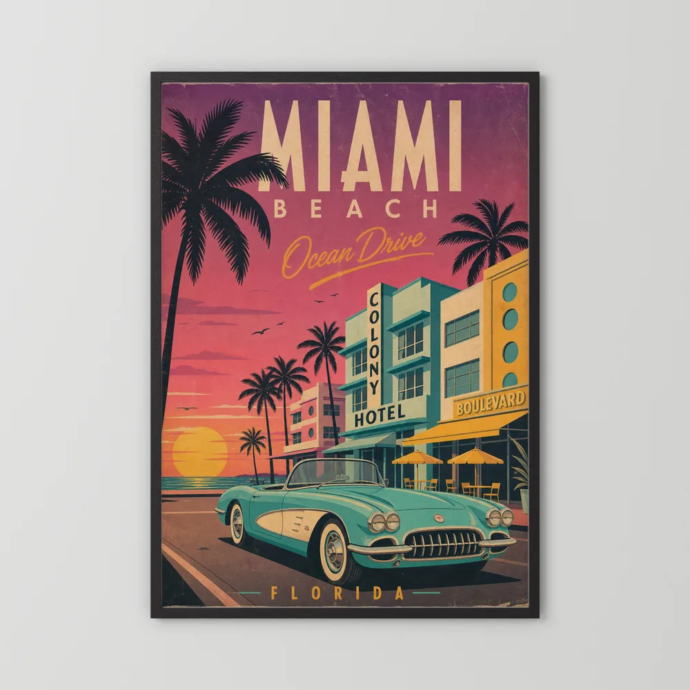 Miami Beach Ocean Drive Art Deco Vintage Travel Poster