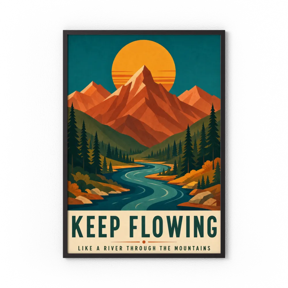 Keep Flowing – Retro Mountain & River Art Print