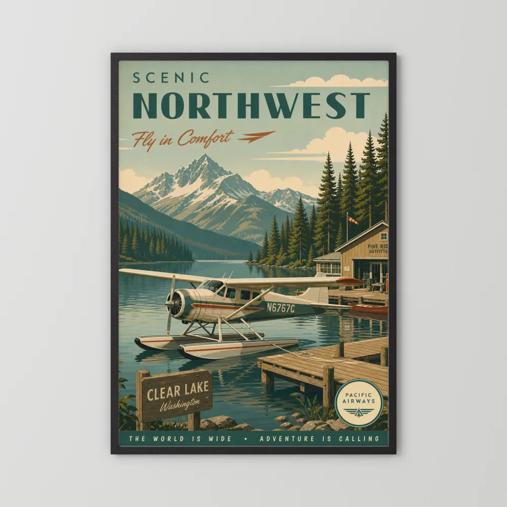 Scenic Northwest Clear Lake Washington Seaplane Vintage Travel Poster Art Print