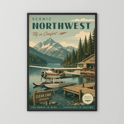 Scenic Northwest Clear Lake Washington Seaplane Vintage Travel Poster Art Print