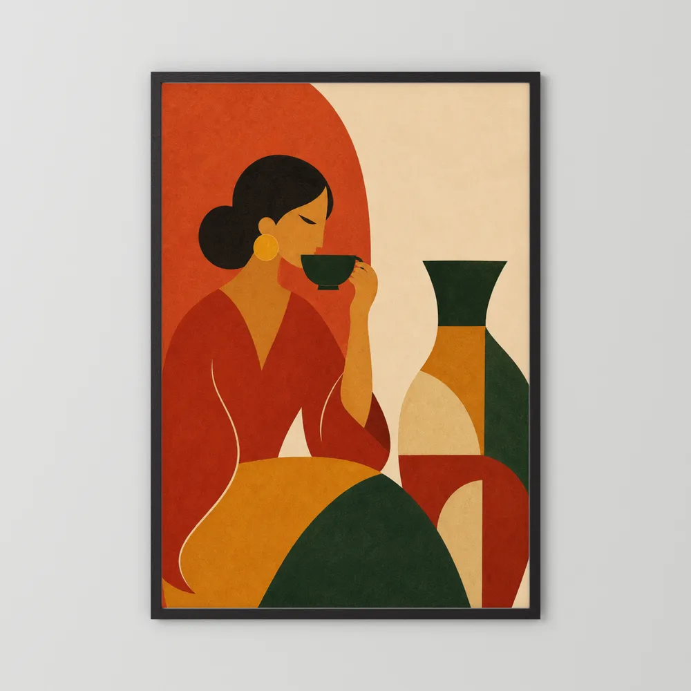 Woman Sipping Tea with Patterned Vase Boho Minimalist Art Print