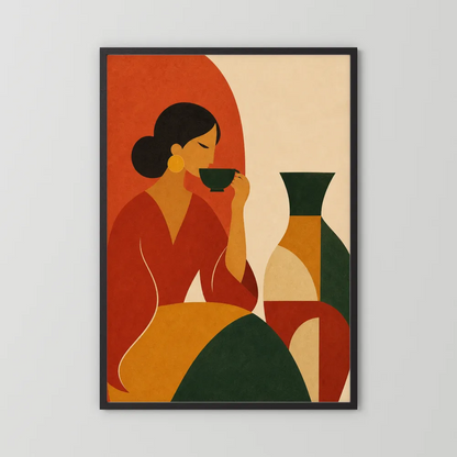 Woman Sipping Tea with Patterned Vase Boho Minimalist Art Print