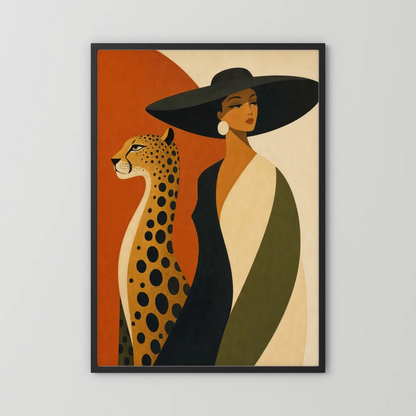 Glamorous Woman in Black Hat with Cheetah Mid-Century Art Print