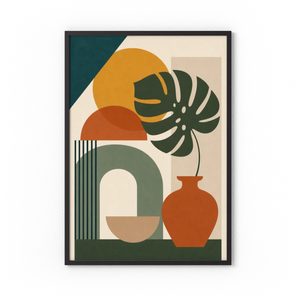 Mid-Century Monstera & Abstract Shapes Art Print