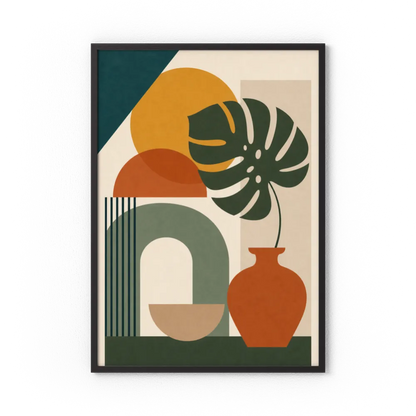 Mid-Century Monstera & Abstract Shapes Art Print