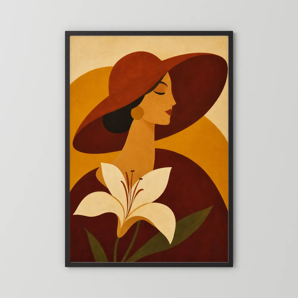 Woman in Sun Hat with White Lily Retro Art Print