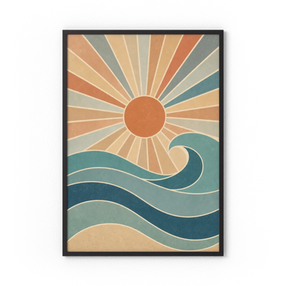 Retro Rising Sun & Ocean Wave Art Print