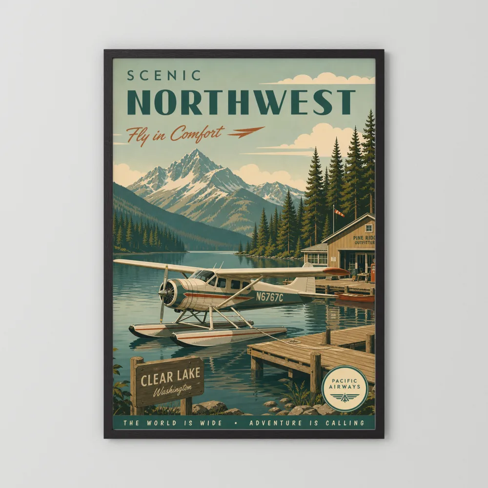 Scenic Northwest Clear Lake Washington Seaplane Vintage Travel Poster Art Print