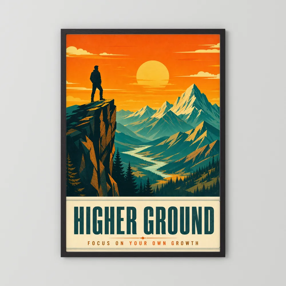 Higher Ground – Retro Mountain Landscape Art Print
