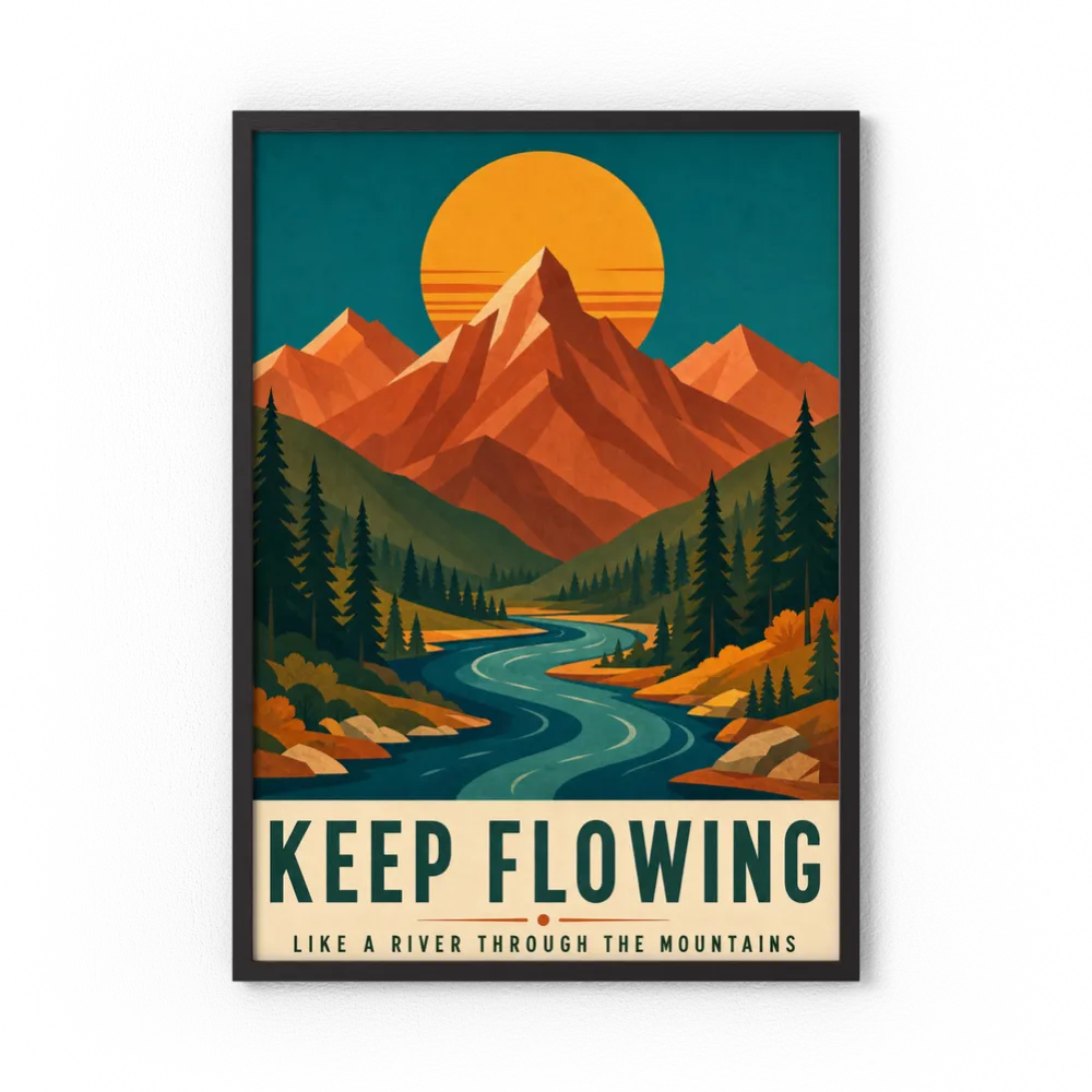 Keep Flowing – Retro Mountain & River Art Print