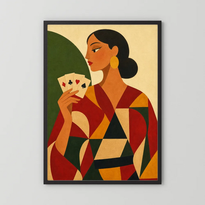 Woman Holding Playing Cards Mid-Century Art Deco Print