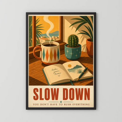 Slow Down – Retro Coffee & Journal Art Print