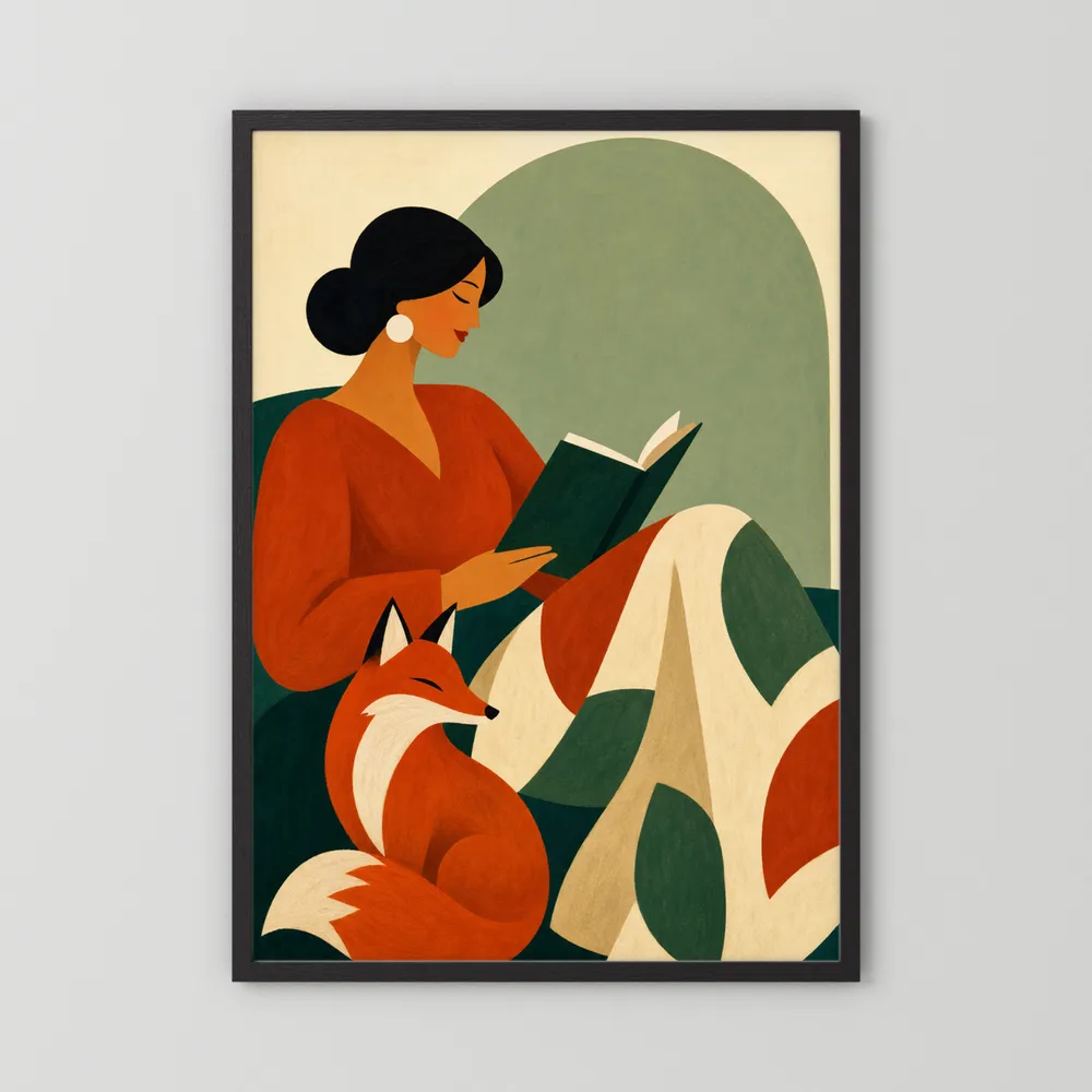 Woman Reading with Fox Mid-Century Retro Art Print