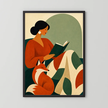 Woman Reading with Fox Mid-Century Retro Art Print