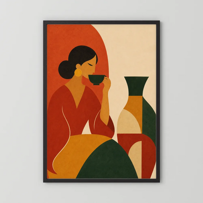 Woman Sipping Tea with Patterned Vase Boho Minimalist Art Print