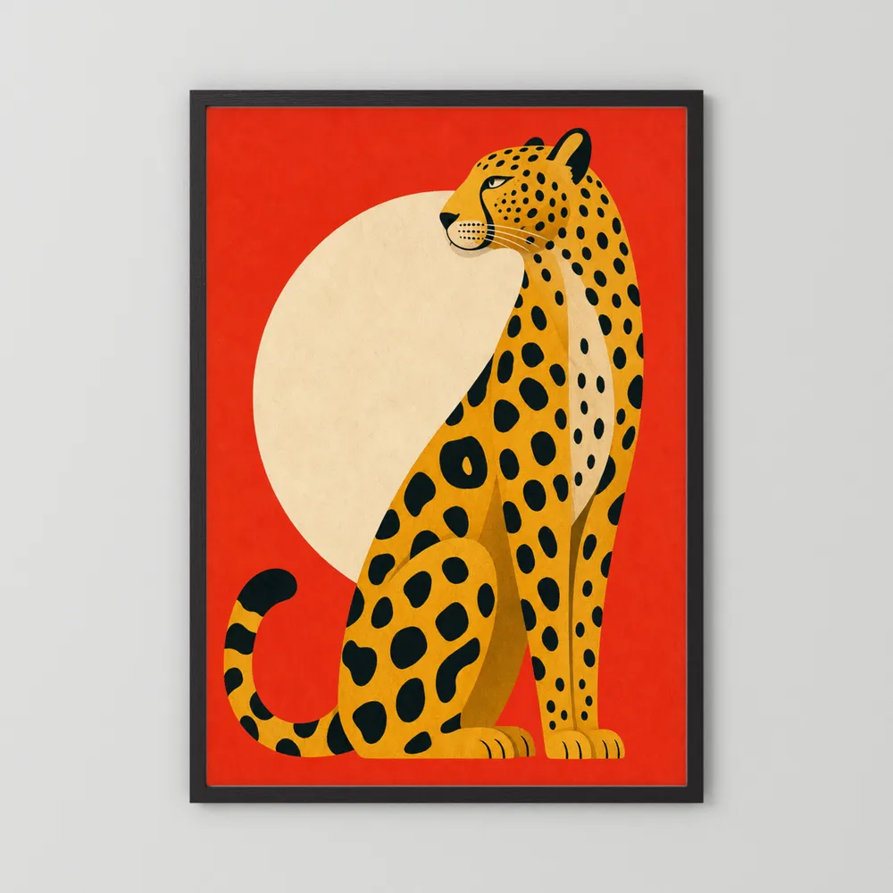 Mid-Century Modern Cheetah Red Sun Retro Art Print