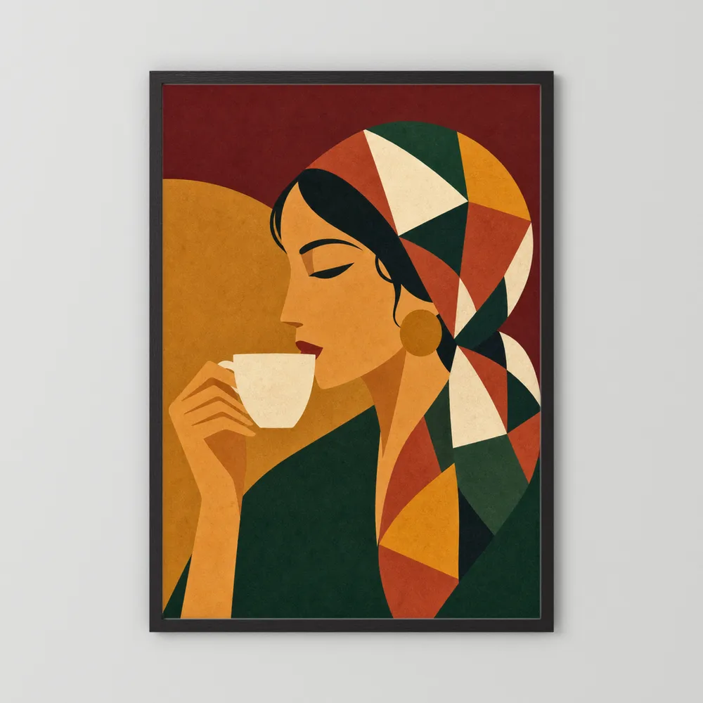 Woman Drinking Coffee with Geometric Headscarf Retro Art Print