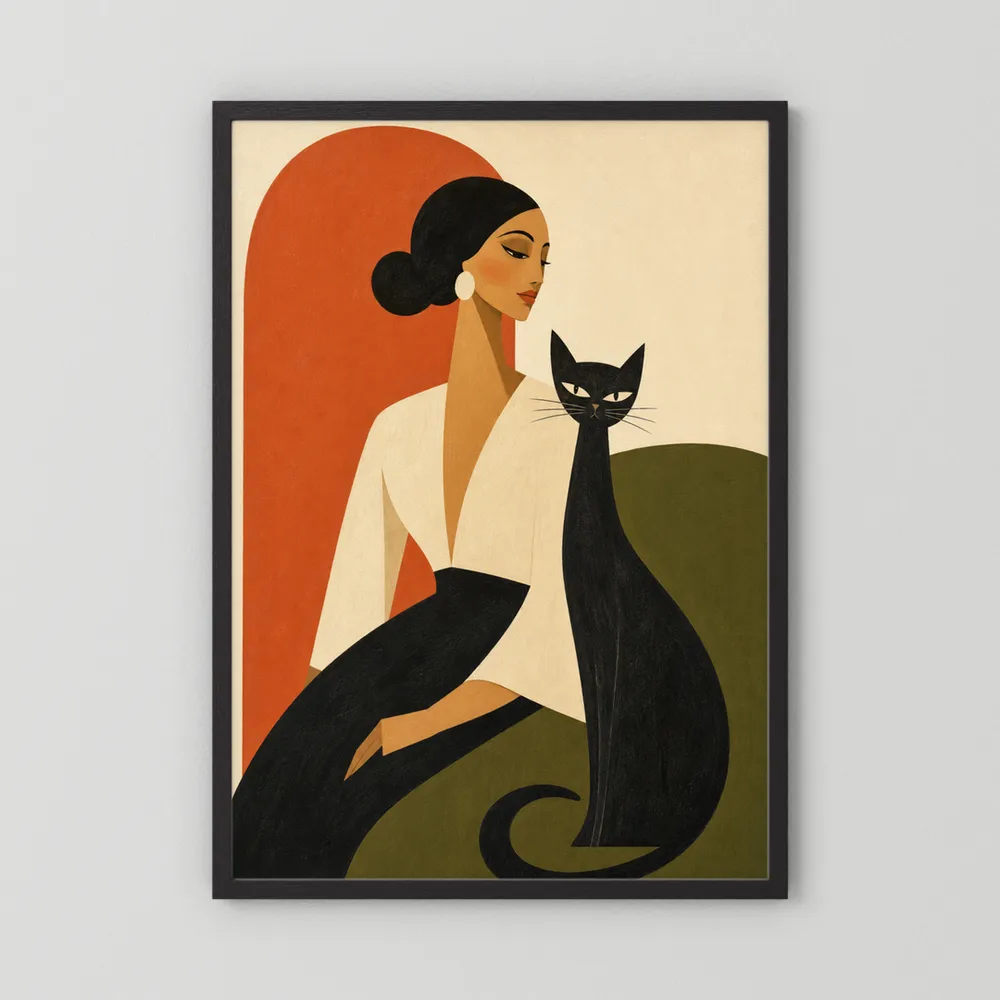 Woman with Sleek Black Cat Mid-Century Retro Art Print