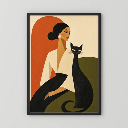 Woman with Sleek Black Cat Mid-Century Retro Art Print