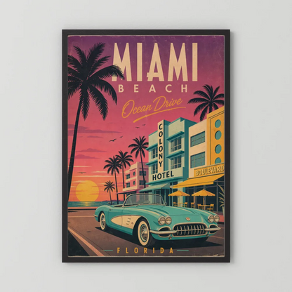 Miami Beach Ocean Drive Art Deco Vintage Travel Poster