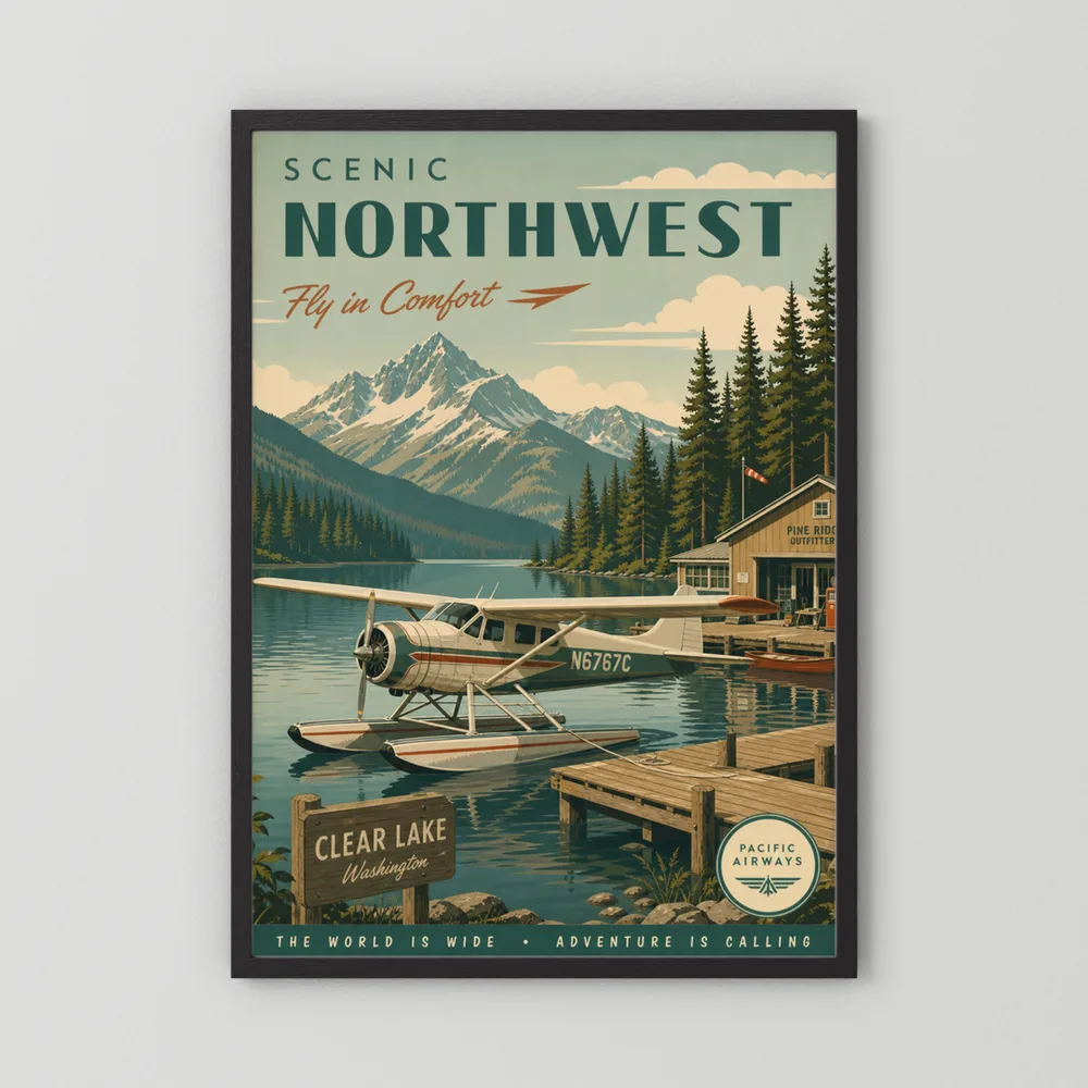Scenic Northwest Clear Lake Washington Seaplane Vintage Travel Poster Art Print