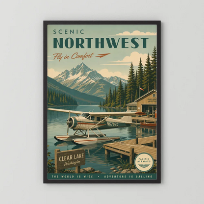Scenic Northwest Clear Lake Washington Seaplane Vintage Travel Poster Art Print